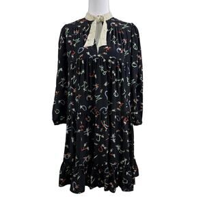 Manoush 100% Silk Black Floral Alphabet Dress Size 36 (US 4) Tie Neck Tiered